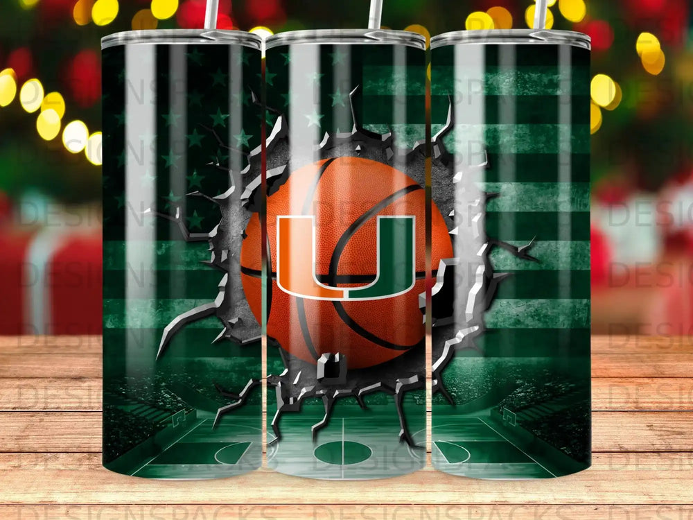 Basketball with Miami Hurricanes logo breaking through a US flag background.