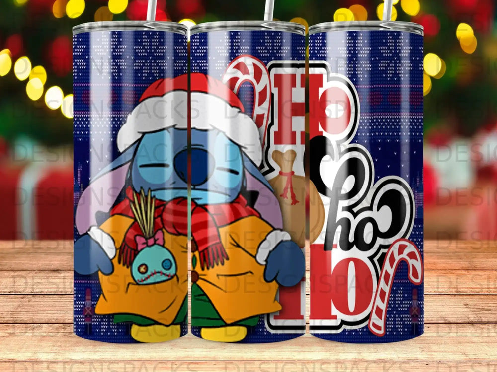 Stitch in a Christmas hat and scarf holding a candy cane near "Ho Ho Ho".