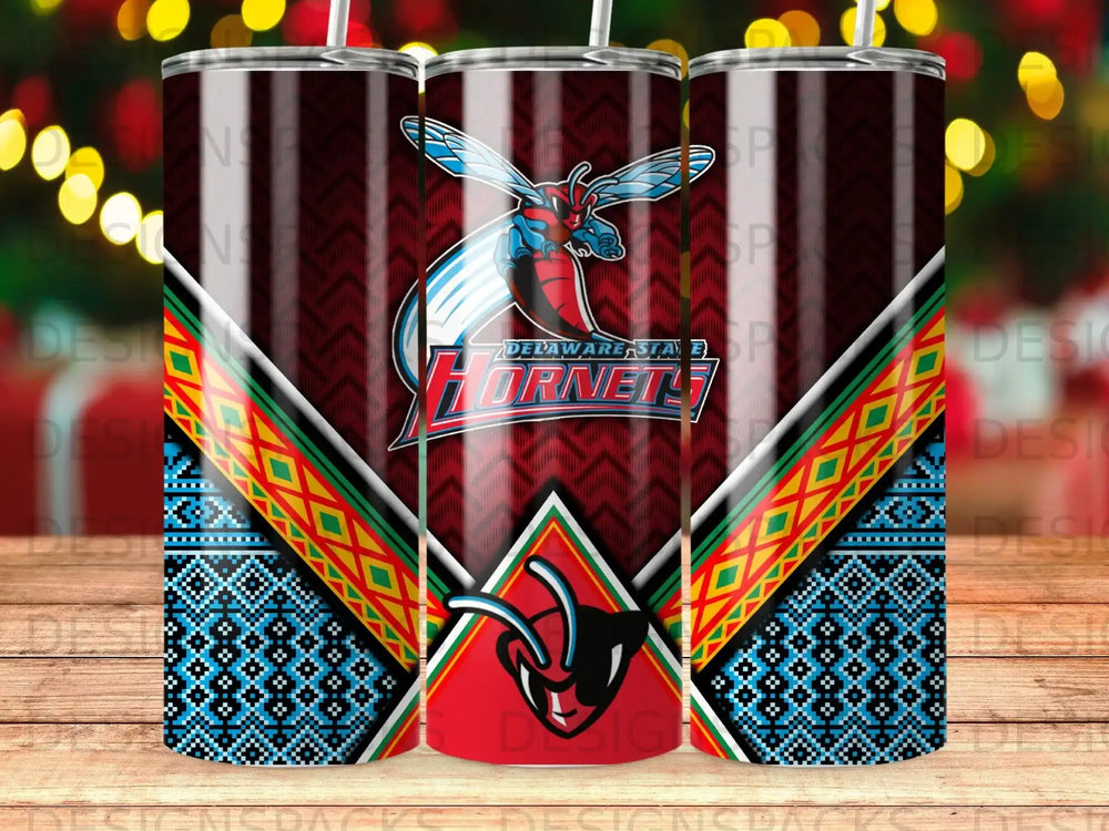 Delaware State Hornets logo on a patterned tumbler with geometric designs.