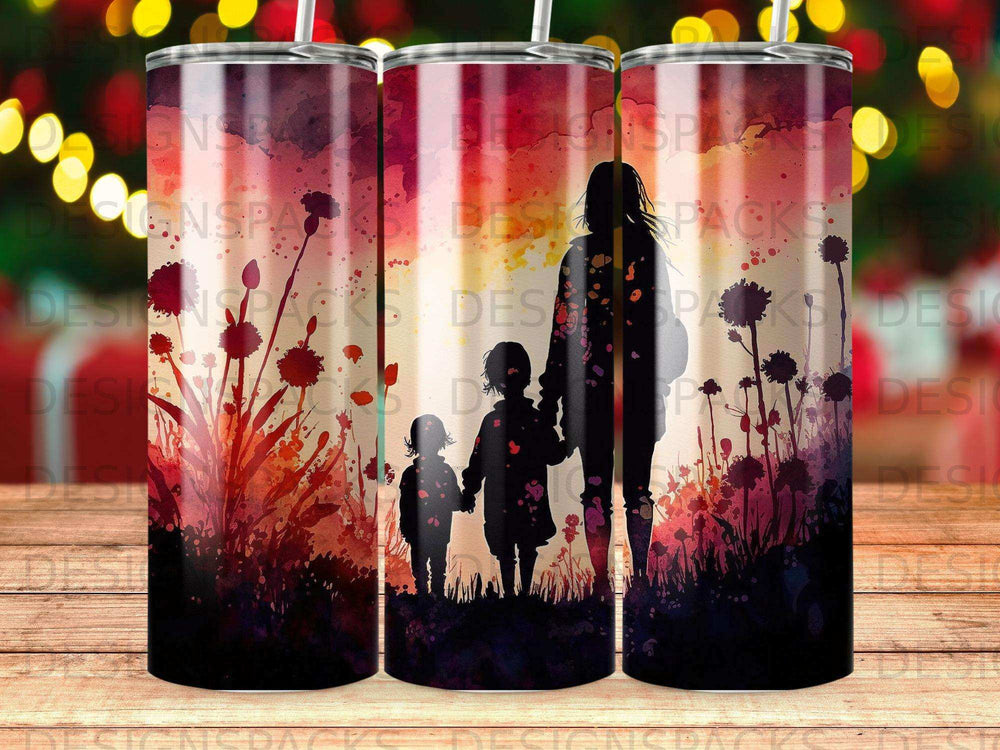 Silhouetted family walking with children against a watercolor sunset backdrop.