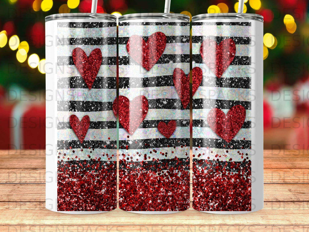 Red Glitter Hearts Black White Stripes Pattern Tumbler product type