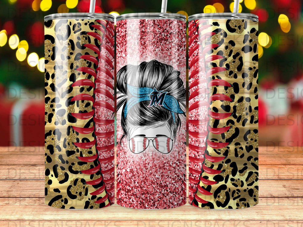 Tumbler with leopard print, red lips, and baseball hair.