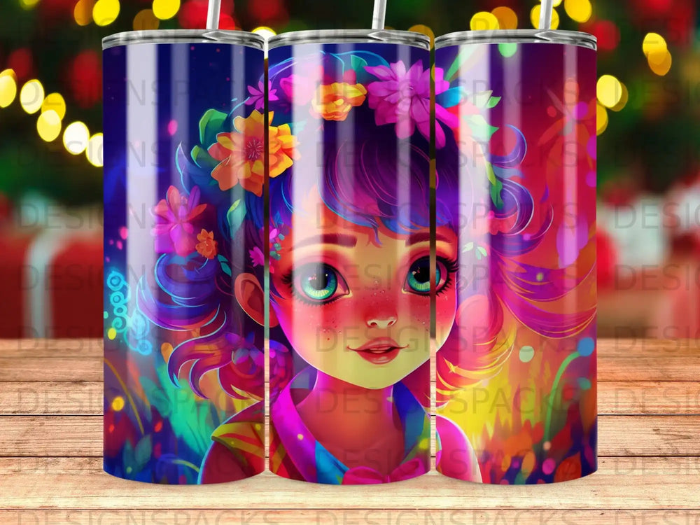 Vibrant illustration of a girl with colorful flowers in her hair and whimsical designs.