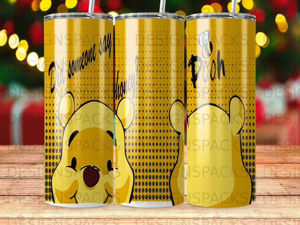 Winnie the Pooh tumbler with "I'm going to go on an adventure" text.