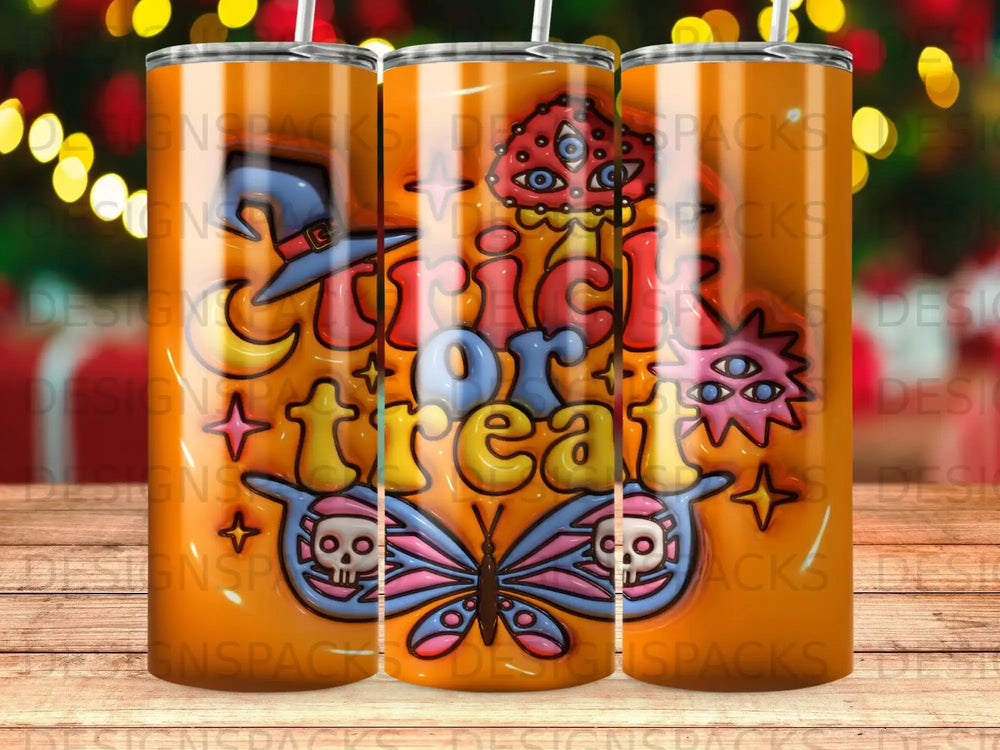 Halloween tumbler with "trick or treat" text and spooky graphics.