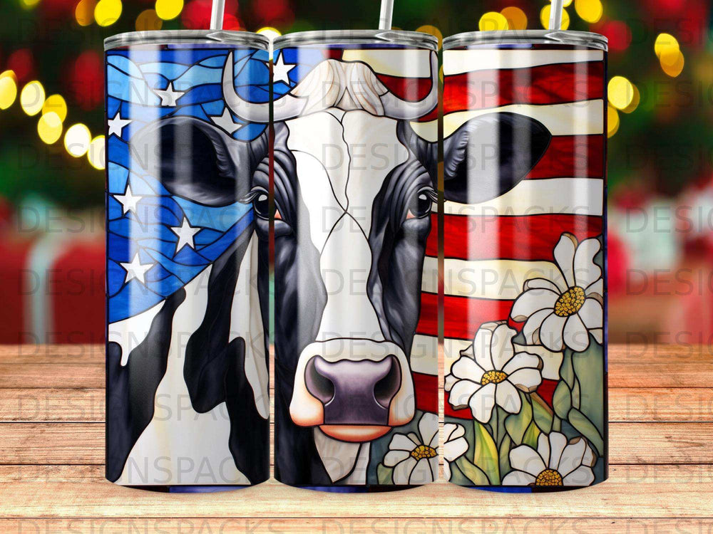 Cow pattern tumbler featuring American flag and daisies.