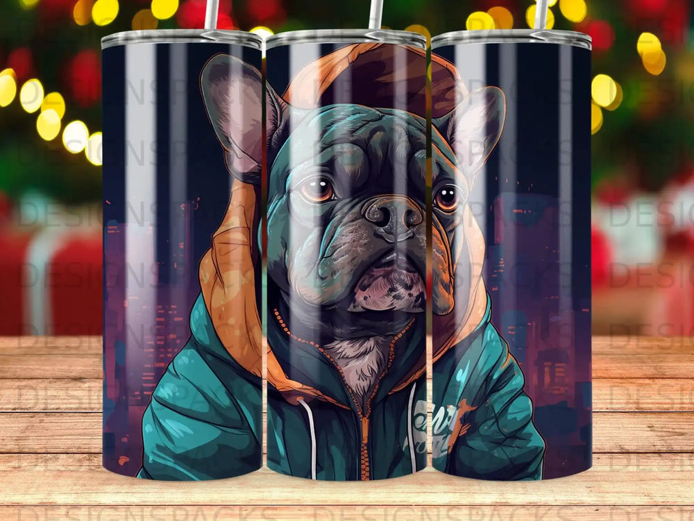 French bulldog wearing a hooded jacket, city lights in background.