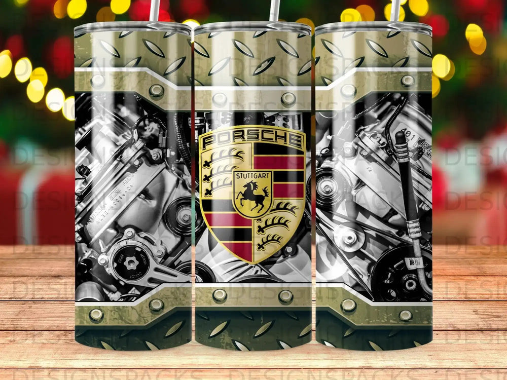 Porsche crest and engine detail on a metallic tumbler.