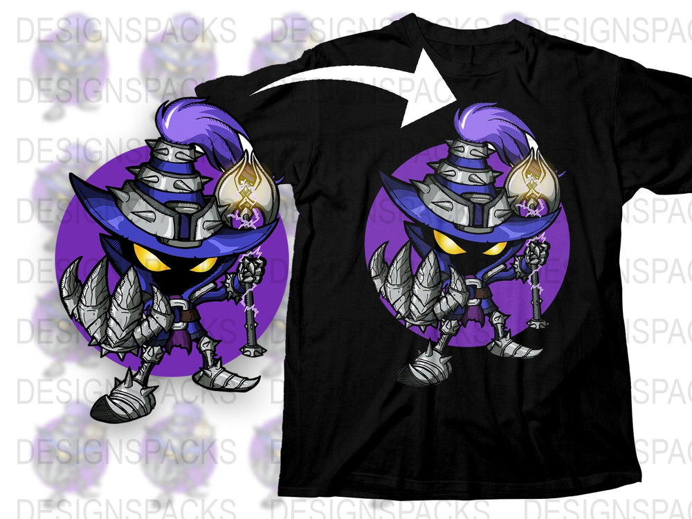 Men's Graphic Tee Gothic Knight Cartoon Character T-Shirt, Purple and Silver Design