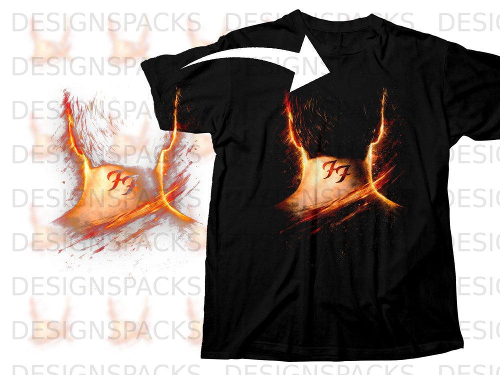 Black t-shirt featuring a fiery Foo Fighters "FF" logo graphic on the back.