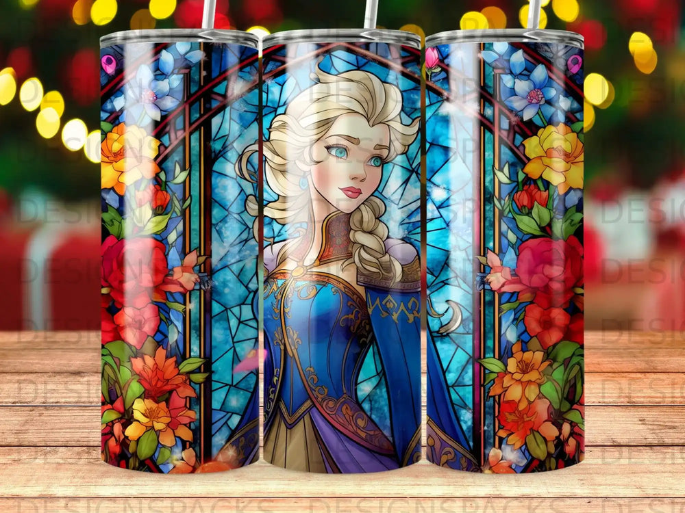 Elsa from Frozen in a stained glass window with floral accents.