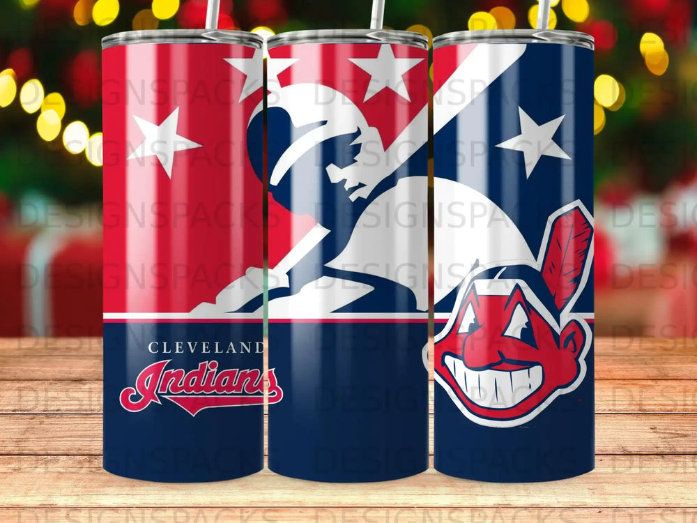 Cleveland Indians baseball team logo on three blue tumblers.