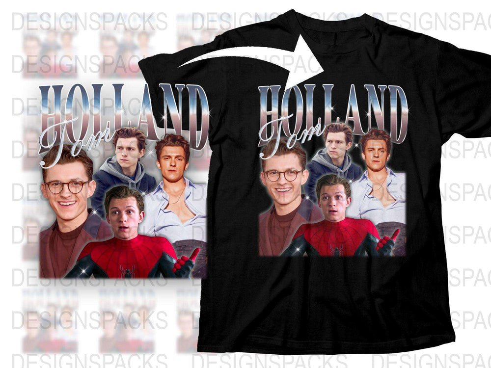 Tom Holland Fan T-Shirt, Spider-Man Actor Collage, Multiple Poses, Black Tee, Gift for Movie Fans