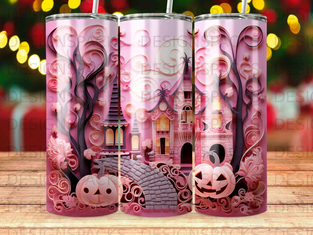 Pink Halloween tumbler with haunted castle, pumpkins, and spooky trees.