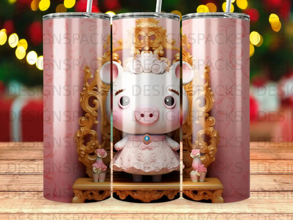 Pig princess in pink dress on ornate throne, surrounded by decorative elements.