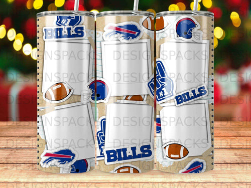 Buffalo Bills logo and football pattern on a tumbler.