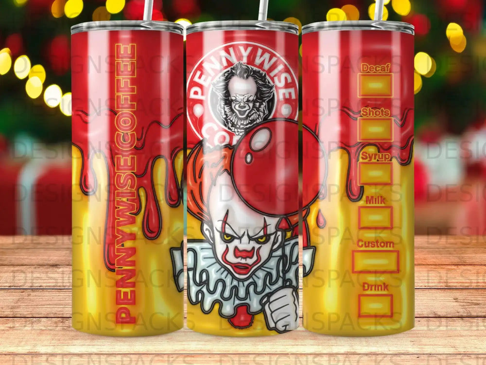 Pennywise coffee tumbler with "Pennywise" logo and drink options.