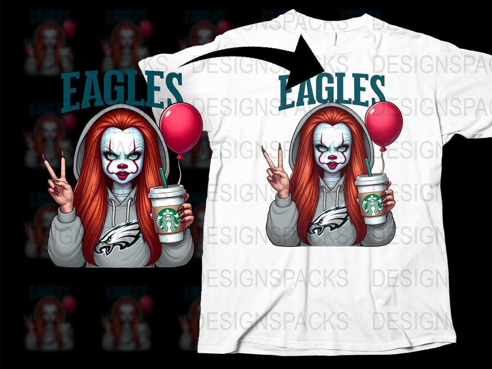 Horror Clown Graphic T-Shirt, Creepy Clown with Coffee and Balloon, Eagles Fan Shirt, Unique Unisex Tee, Gift for Horror Fans