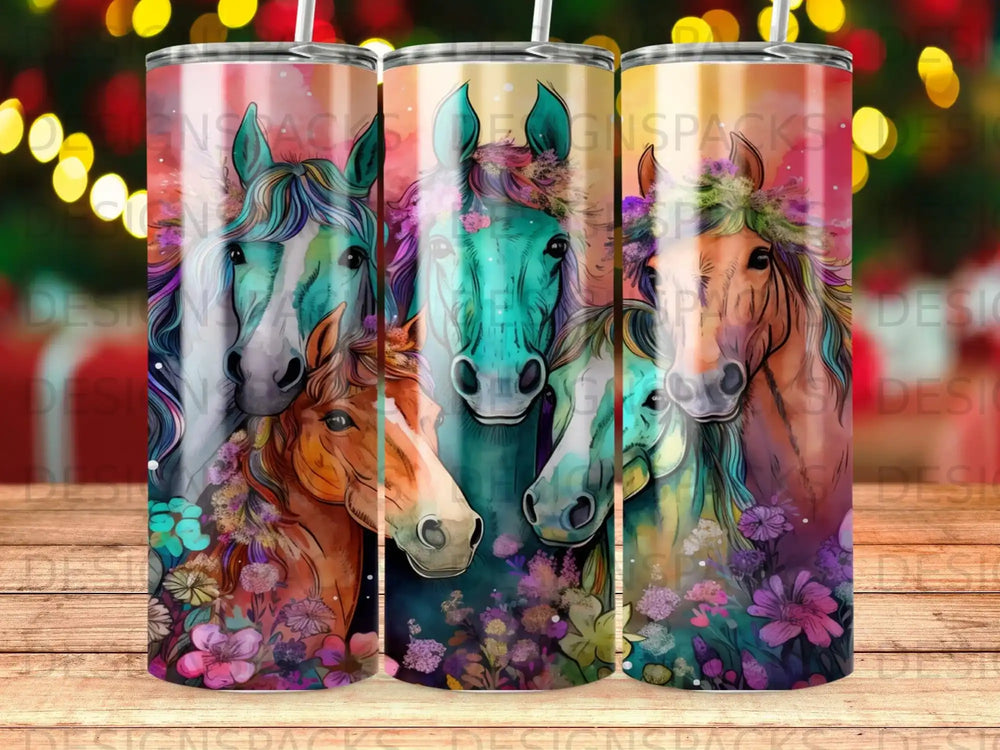 Colorful horses and flowers art on a tumbler.