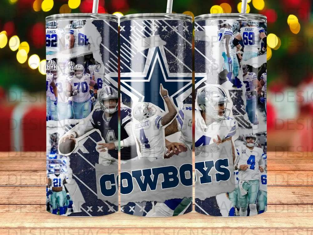 Dallas Cowboys players and logo on a patterned tumbler.