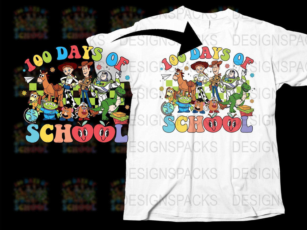 100 Days of School T-Shirt, Colorful Cartoon Characters, Kids Celebration Tee, Fun Educational Shirt for Children, Bright Graphic Top