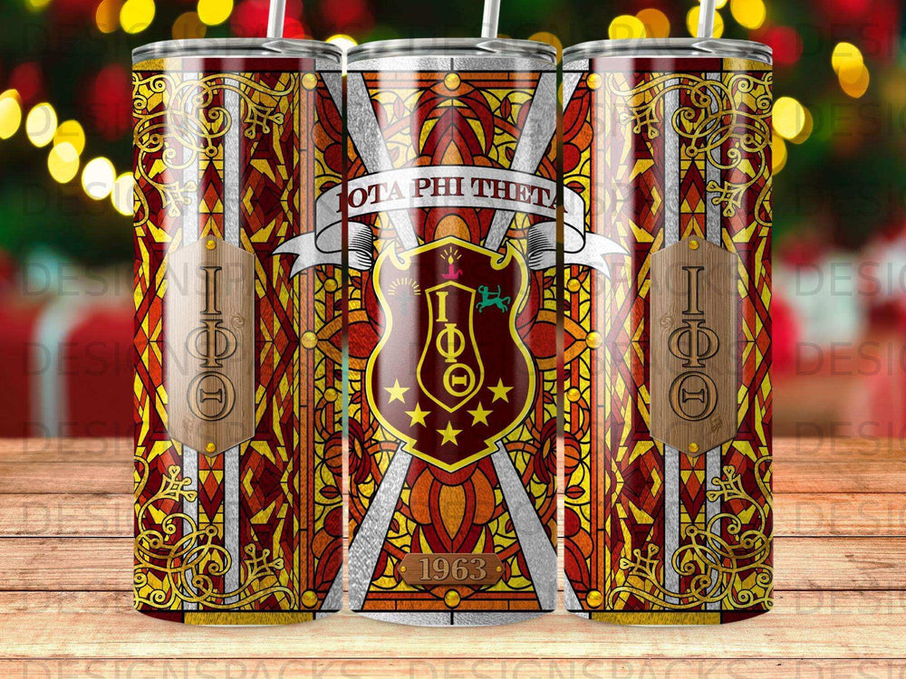 Theta Phi Sigma crest with shield and stars, 1963, on a patterned tumbler.