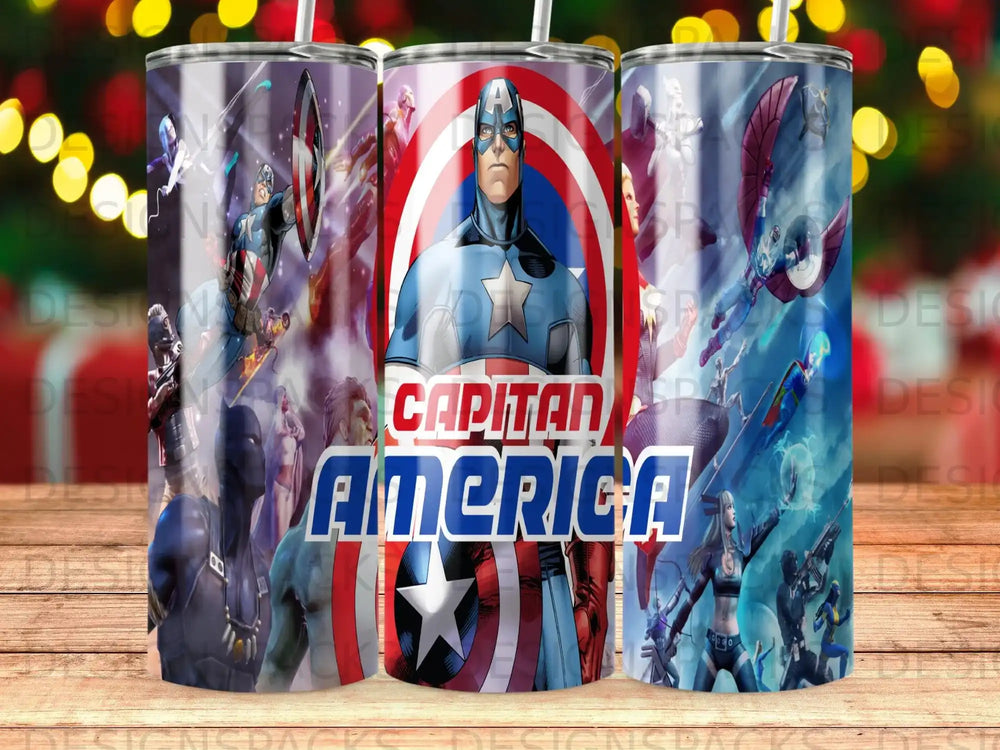 Captain America tumbler featuring a close-up of Captain America and comic book art.
