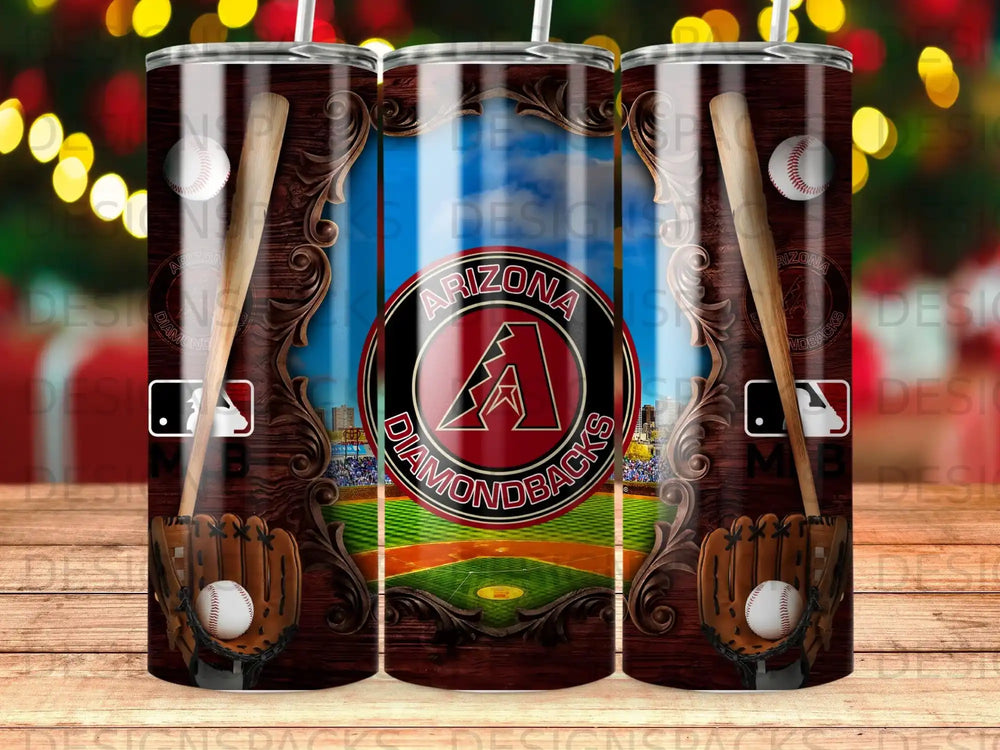Arizona Diamondbacks baseball tumbler with wood grain and baseball field background.