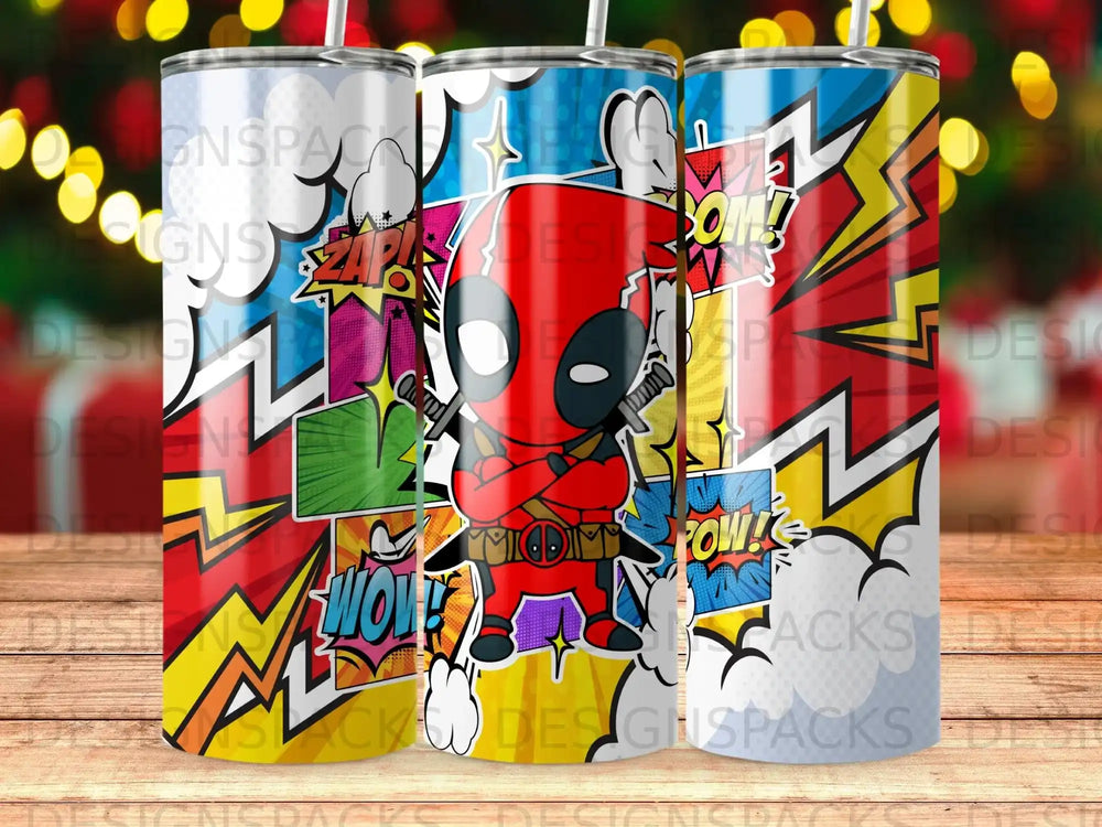 Deadpool character illustration on three seamless tumblers with comic book style background.