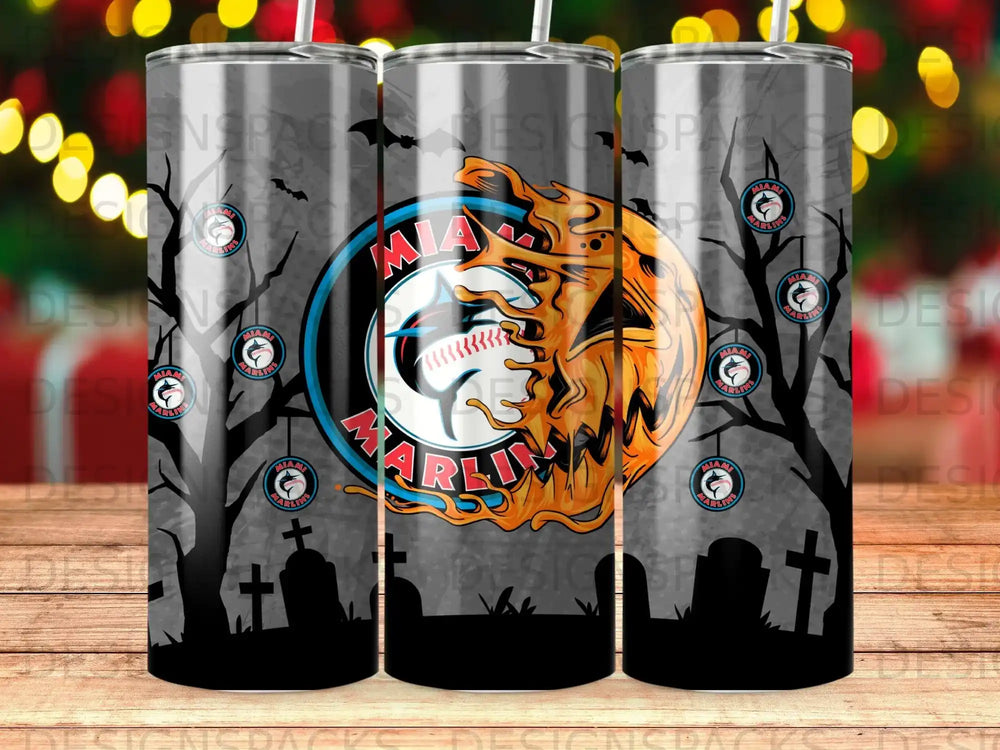 Miami Marlins logo on spooky Halloween-themed tumblers with trees and gravestones.