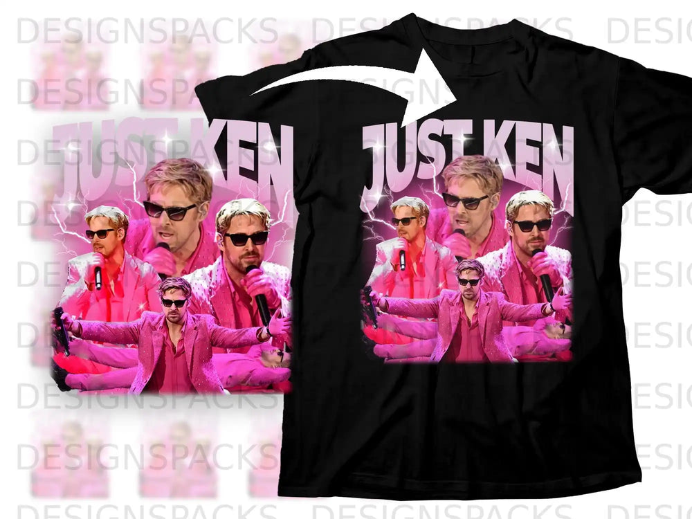 Ryan Gosling as Ken in a pink suit on a black t-shirt graphic.