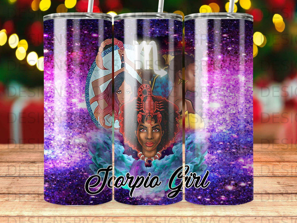 Scorpio girl tumbler with astrological scorpion and celestial background.