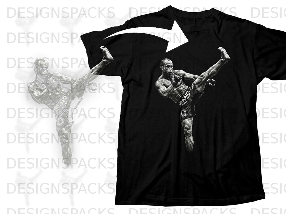 Black t-shirt with graphic of MMA fighter performing a kick.