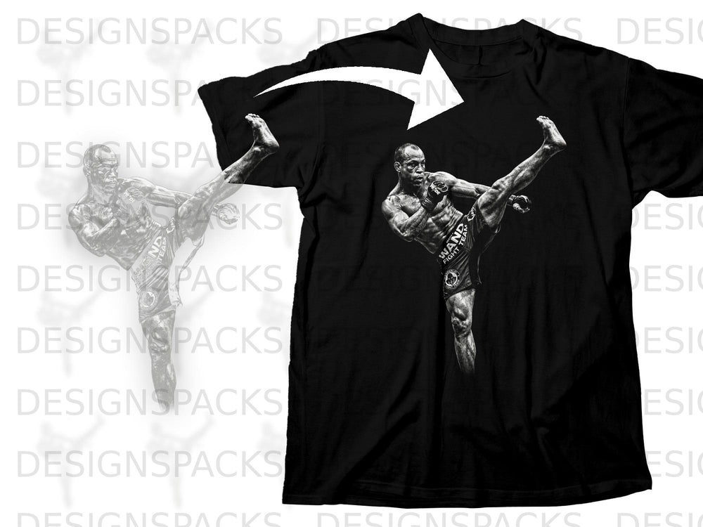 Black t-shirt with graphic of MMA fighter performing a kick.