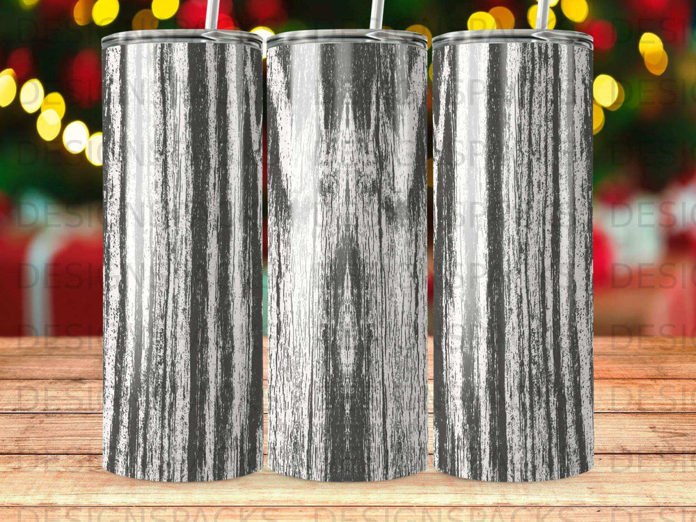 Three cylindrical tumblers with a distressed silver wood grain pattern.