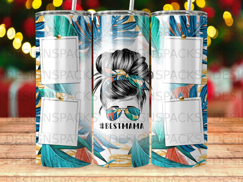 Tumbler design with #BESTMAMA text and a woman's bun hairstyle.