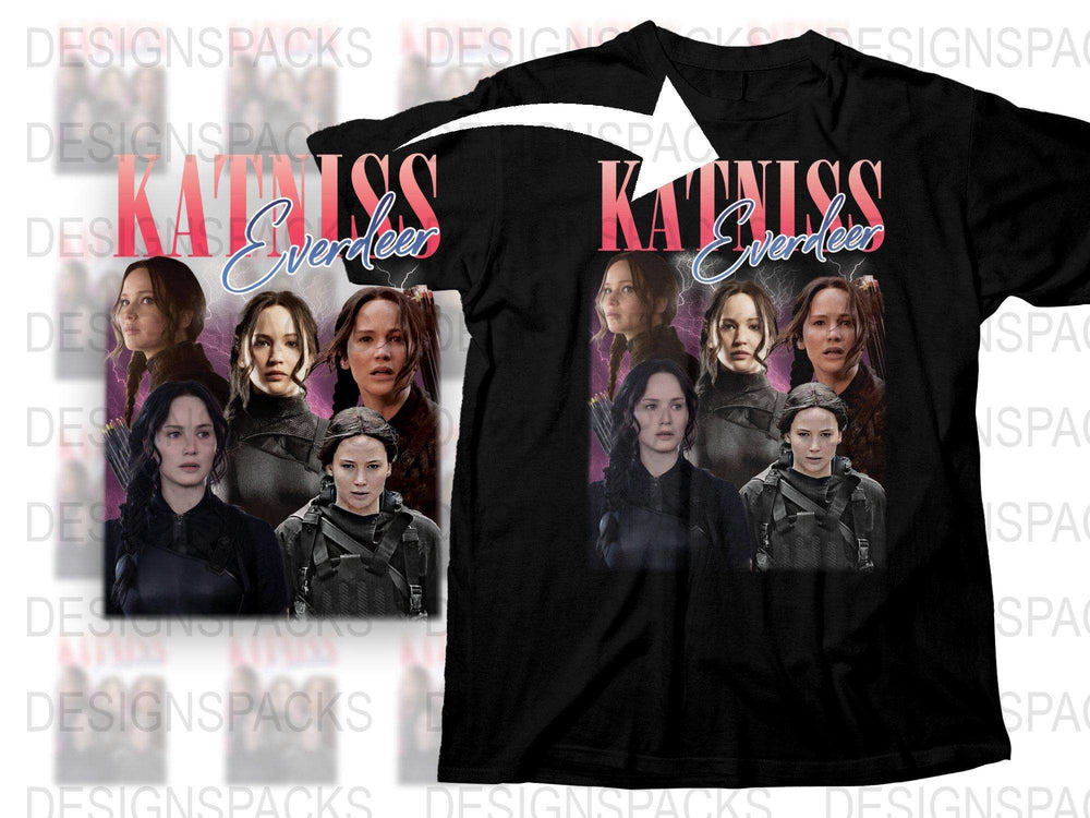 Katniss Everdeen Graphic T-Shirt, Hunger Games Movie Fan Tee, Multiple Poses, Black Cotton Shirt