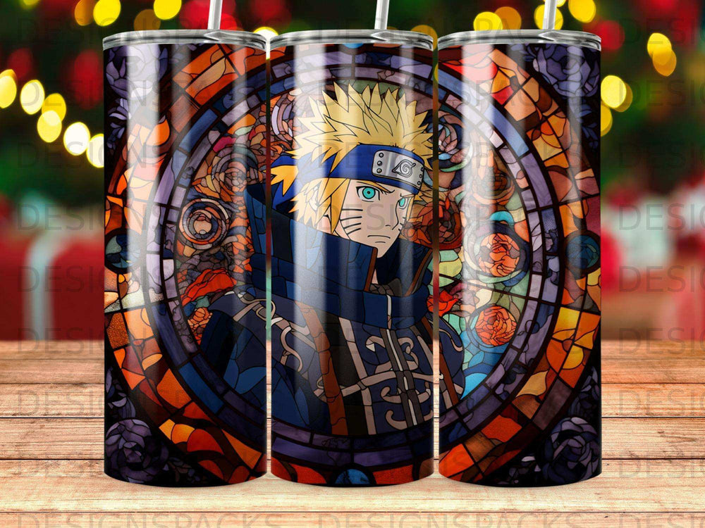 Naruto Uzumaki character in a stained glass style, on a tumbler.