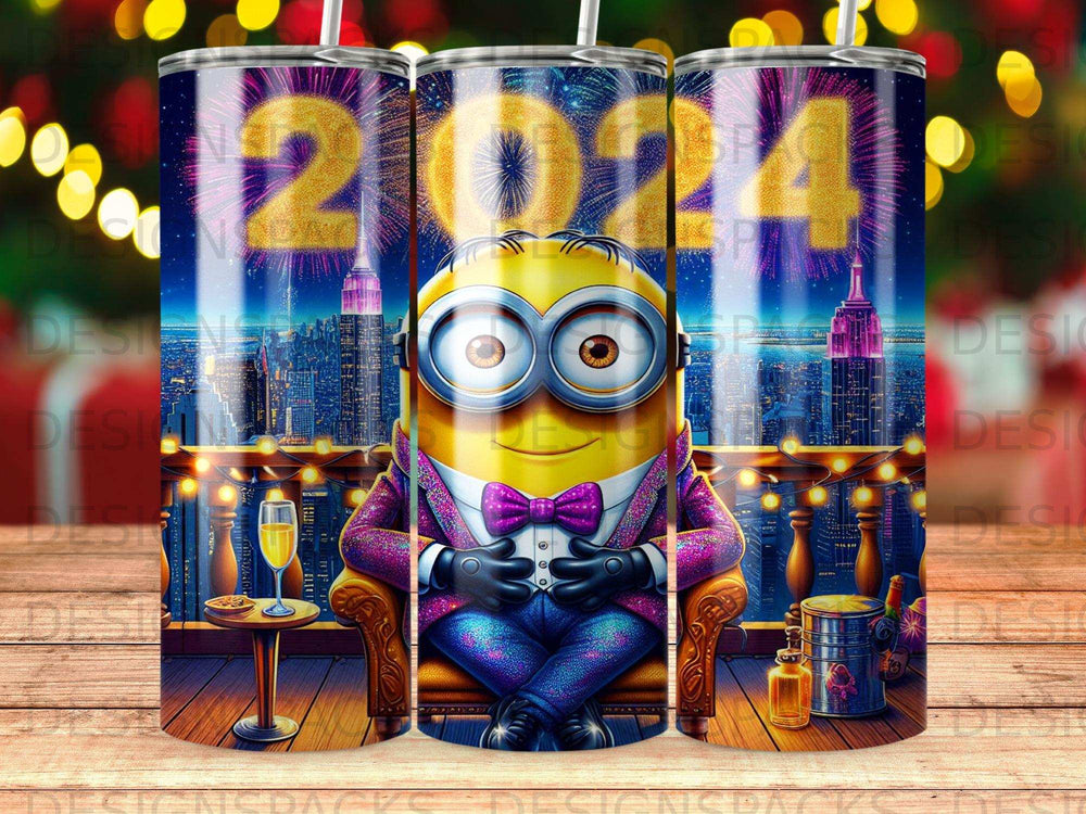 Minion in formal attire sits on a chair with fireworks and "2024" in the background.