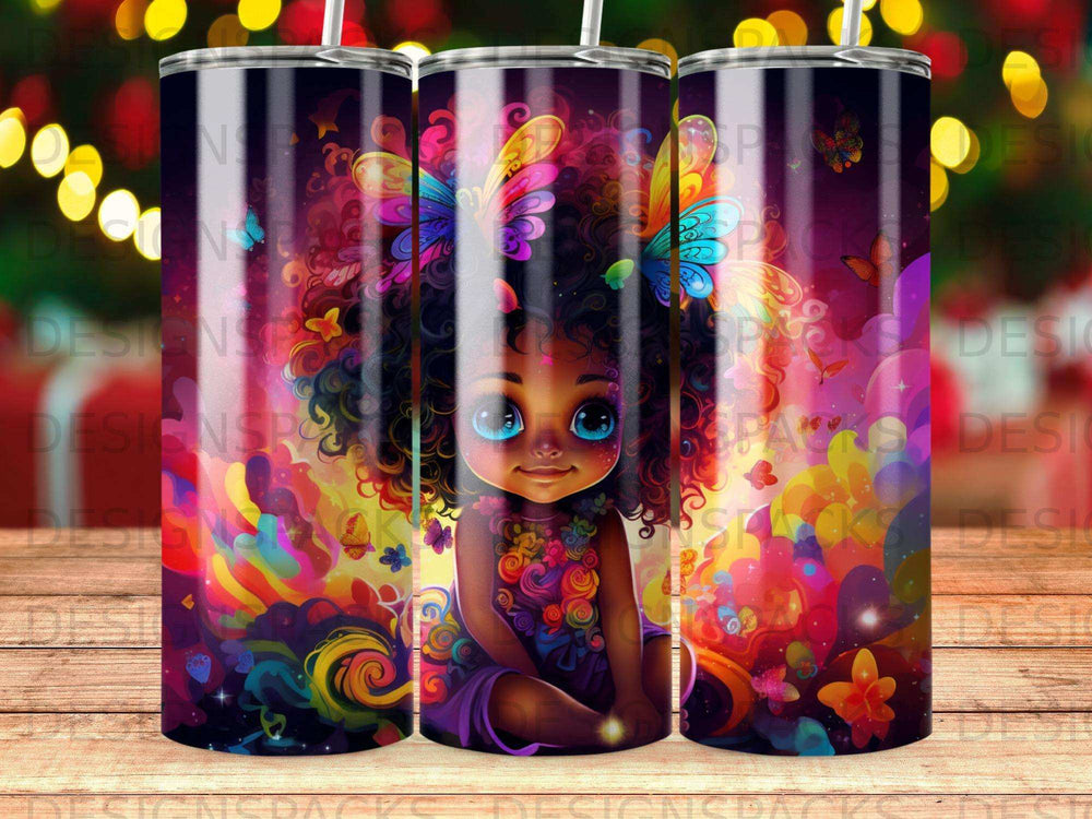 Child with colorful butterfly wings, purple dress, vibrant abstract background.