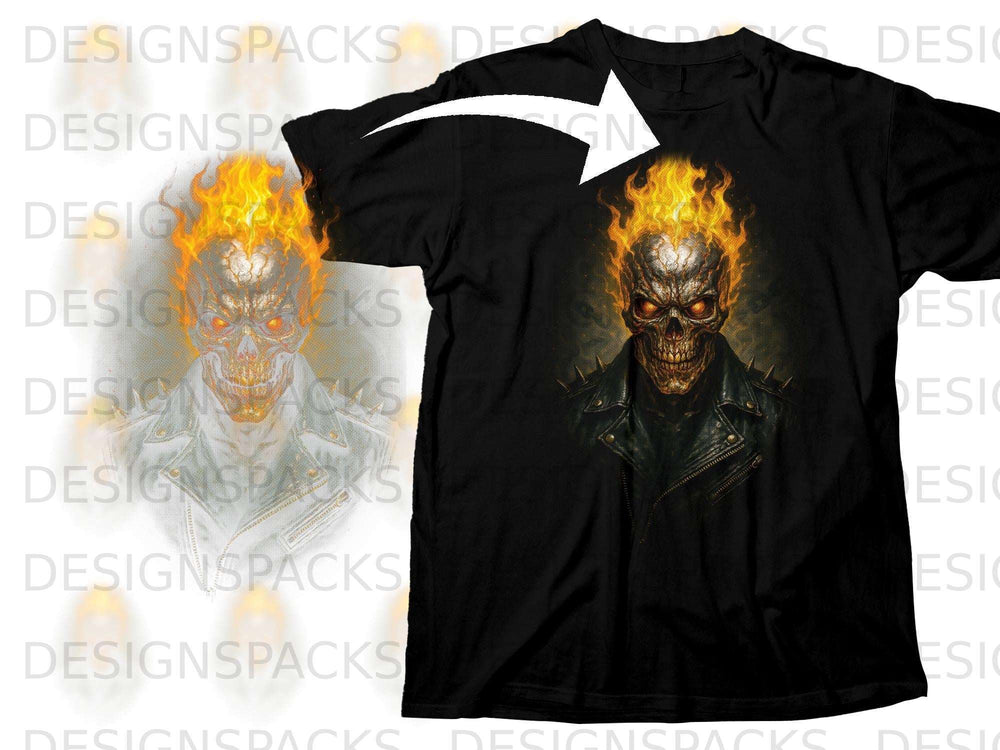 Black t-shirt with flaming skull graphic wearing a leather jacket.