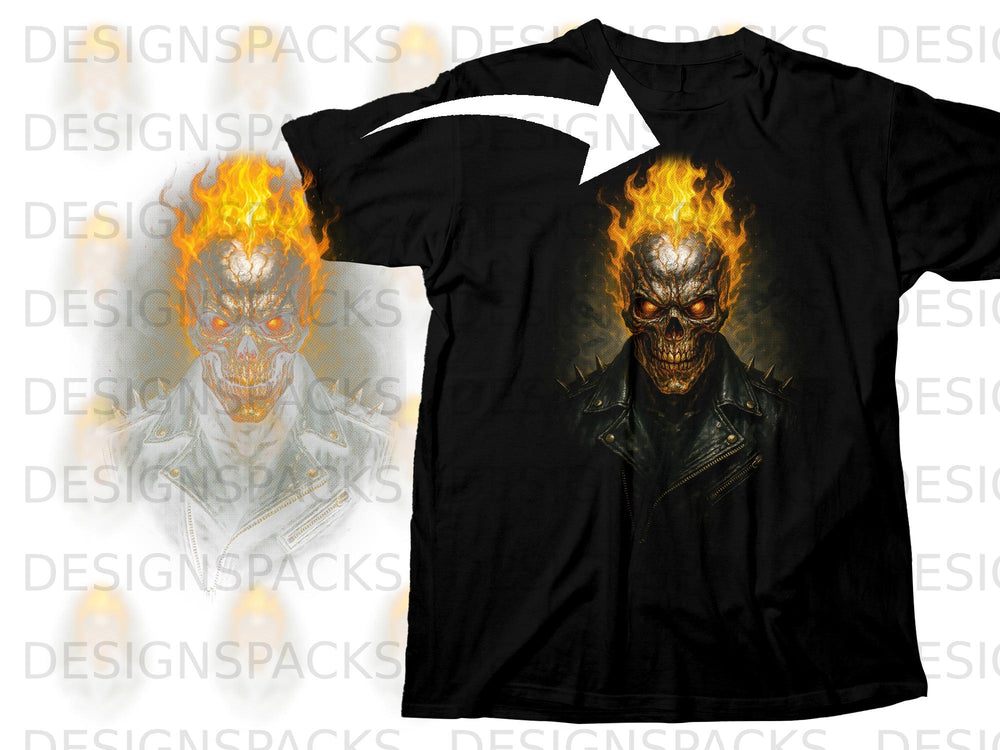 Black t-shirt with flaming skull graphic wearing a leather jacket.