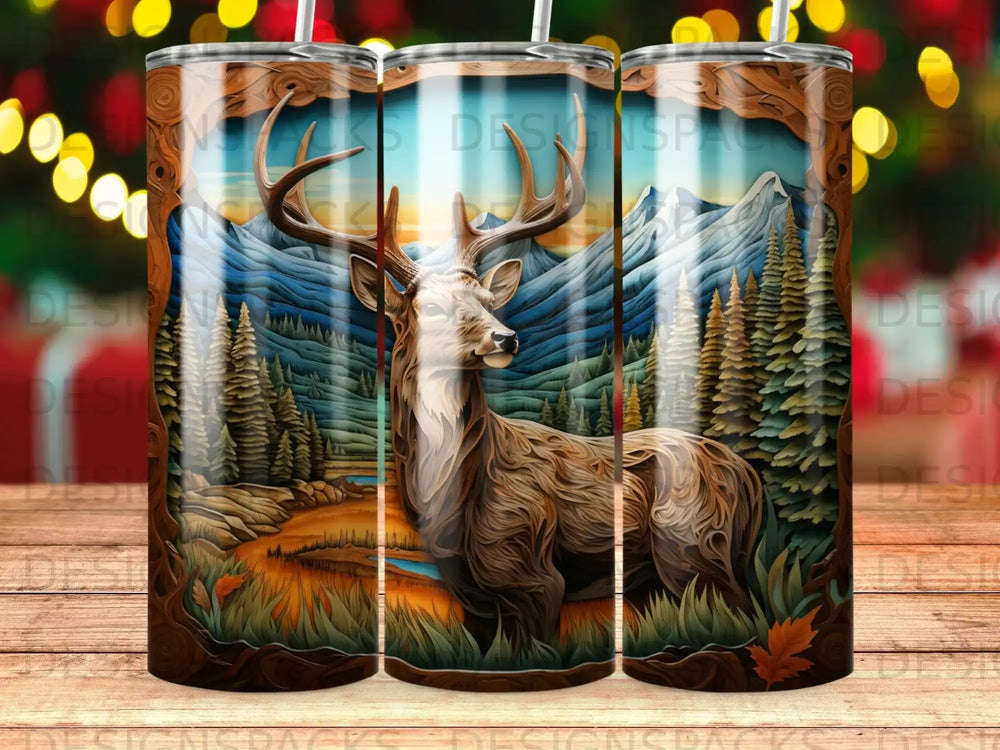 Detailed illustration of a stag with antlers in a forest setting with mountains.
