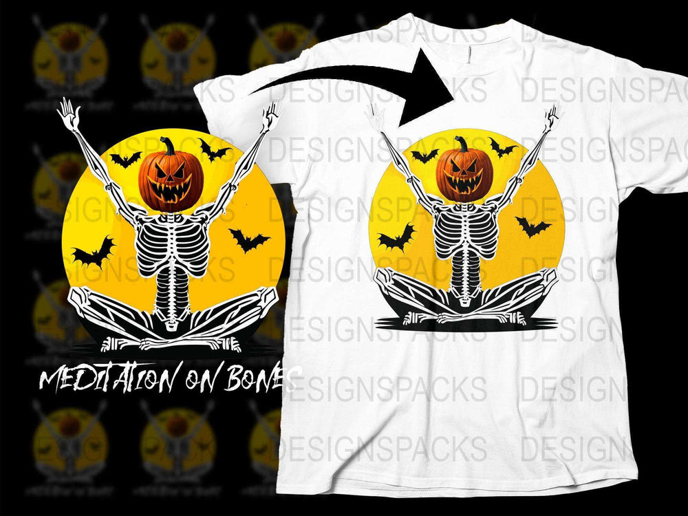 Halloween Pumpkin Skeleton Meditation T-Shirt, Spooky Yoga Tee, Unisex Graphic Shirt, Fall Festival Apparel, Unique October Clothing