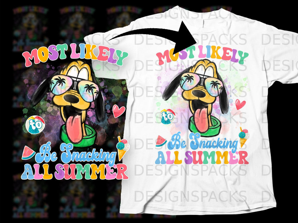 Pluto wearing sunglasses with palm trees, text says "Most Likely to Be Snacking All Summer".