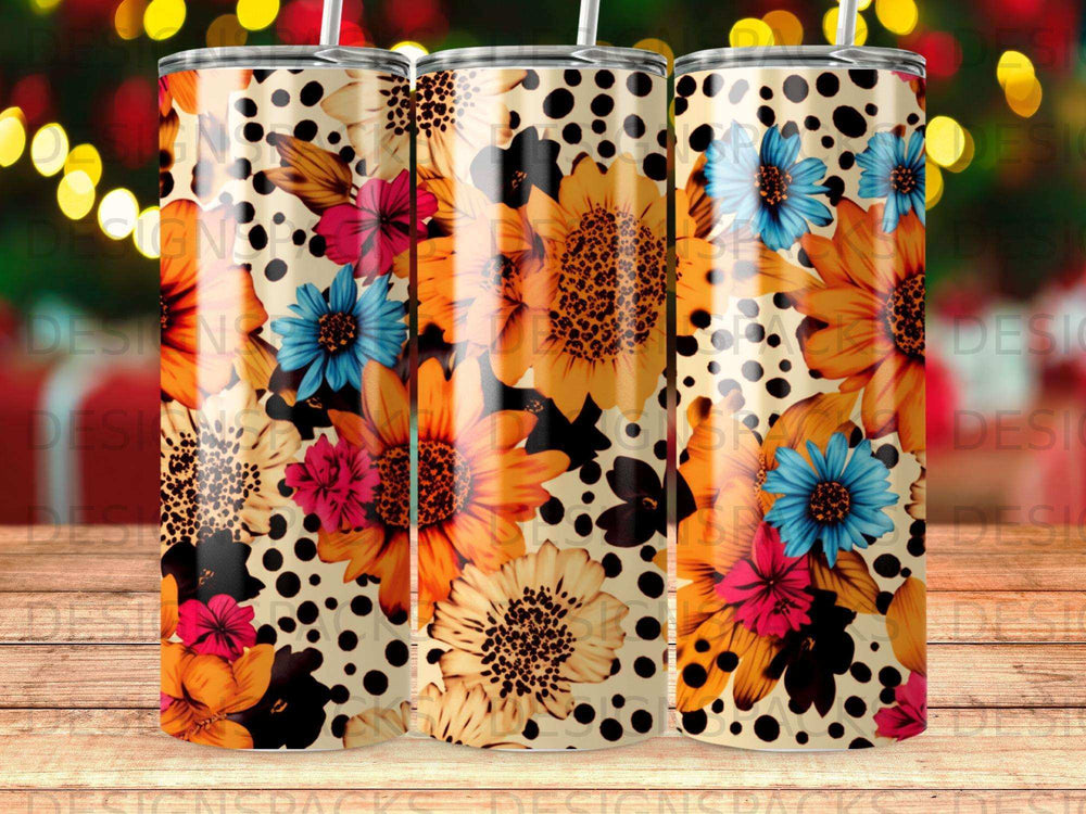Sunflower and polka dot pattern tumbler with three cups shown.