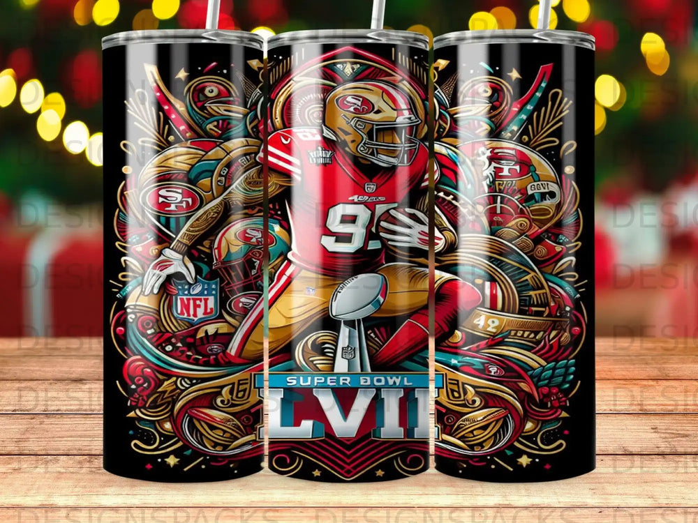 San Francisco 49ers player with Super Bowl LVII logo and team colors.