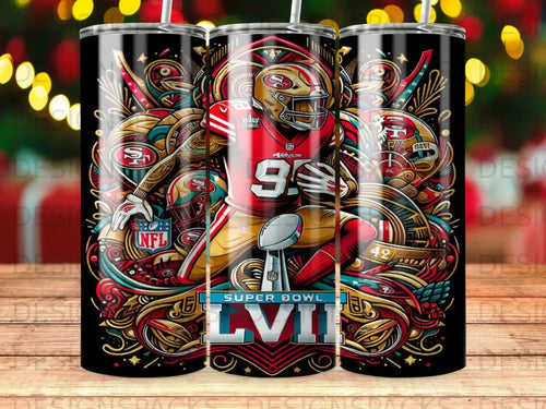 San Francisco 49ers player with Super Bowl LVII logo and team colors.
