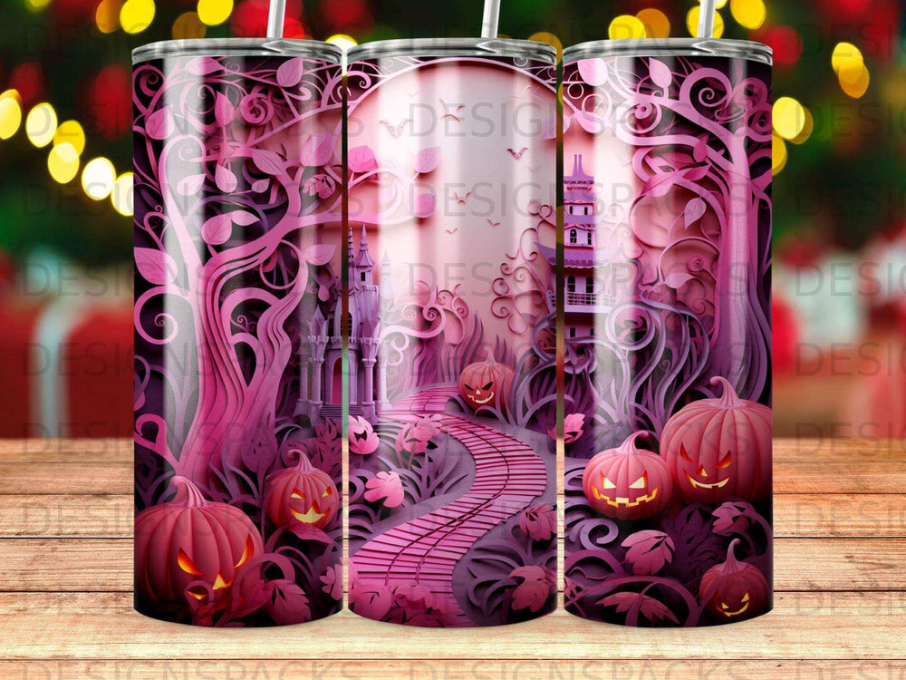 Pink Halloween forest scene with jack-o'-lanterns and a winding path.