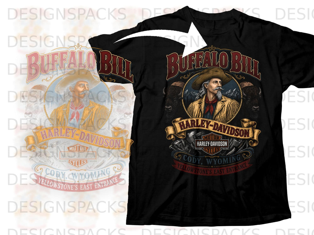 Black t-shirt with Buffalo Bill, Harley-Davidson, Cody, Wyoming graphic.